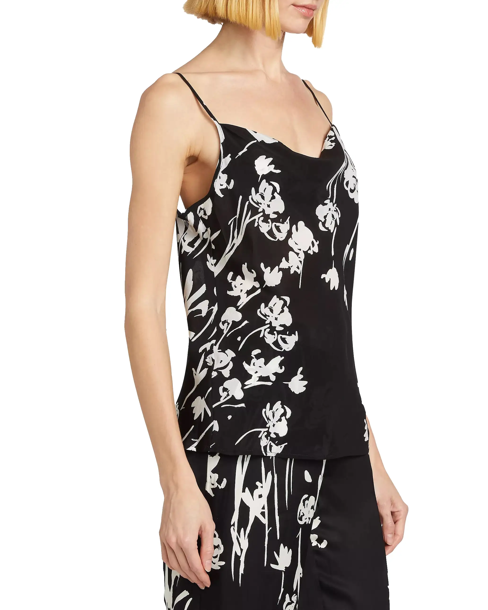 Silk Floral Drape Front Cami (Black Floral)