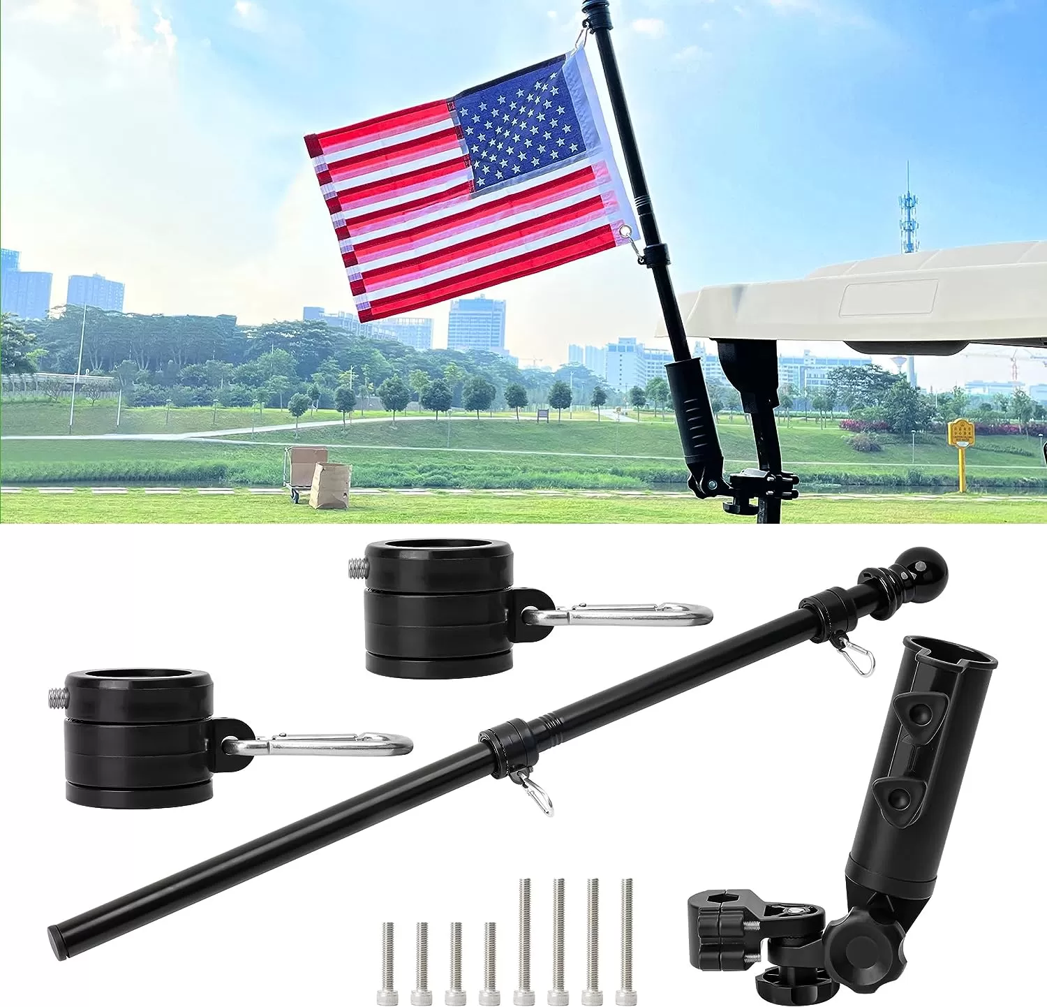 Universal golf cart flag stand flagpole kit with embroidered American flag - 10L0L