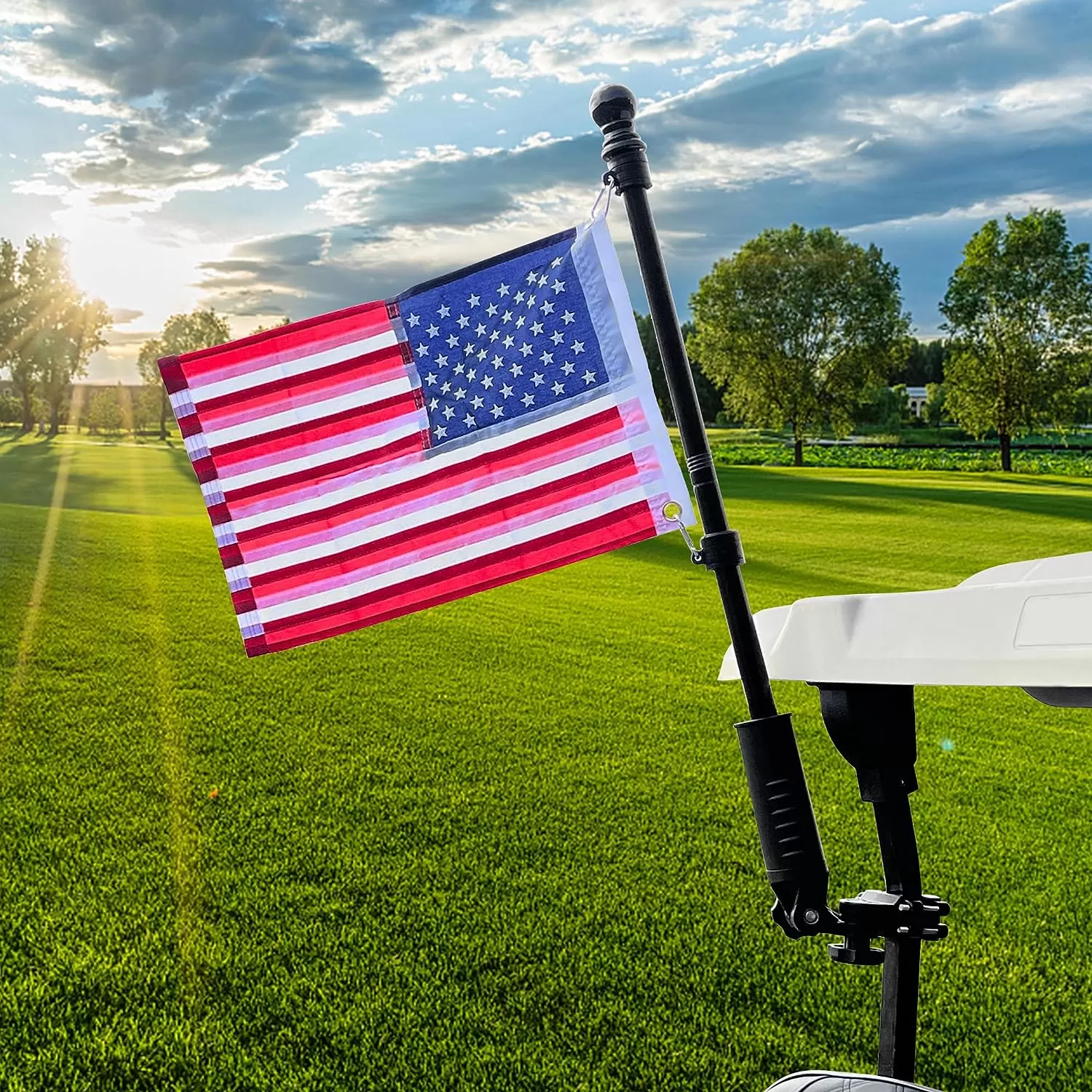 Universal golf cart flag stand flagpole kit with embroidered American flag - 10L0L